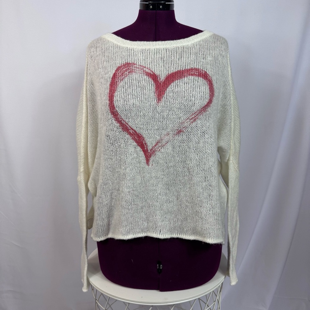 Wooden Ships Heart Sweater Ivory Cream Red Heart S/M Paola Buendia